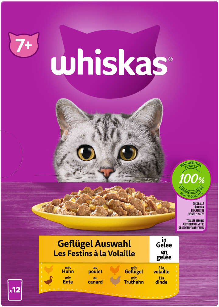 whiskas Katzen-Nassfutter Portionsbeutel Multipack 7+ Geflügel Auswahl in Gelee 12 x 85g